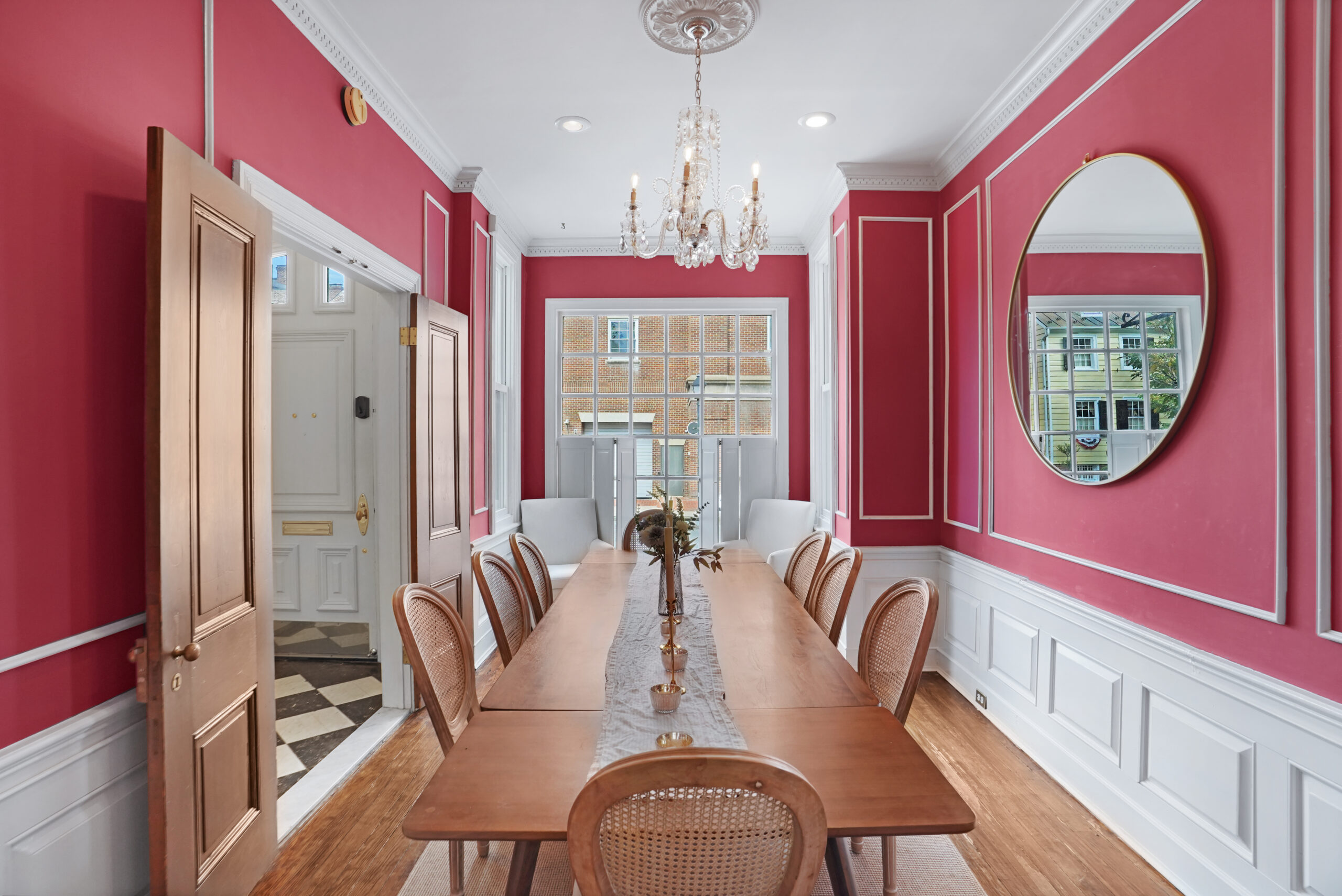 Formal red dining room with traditional details